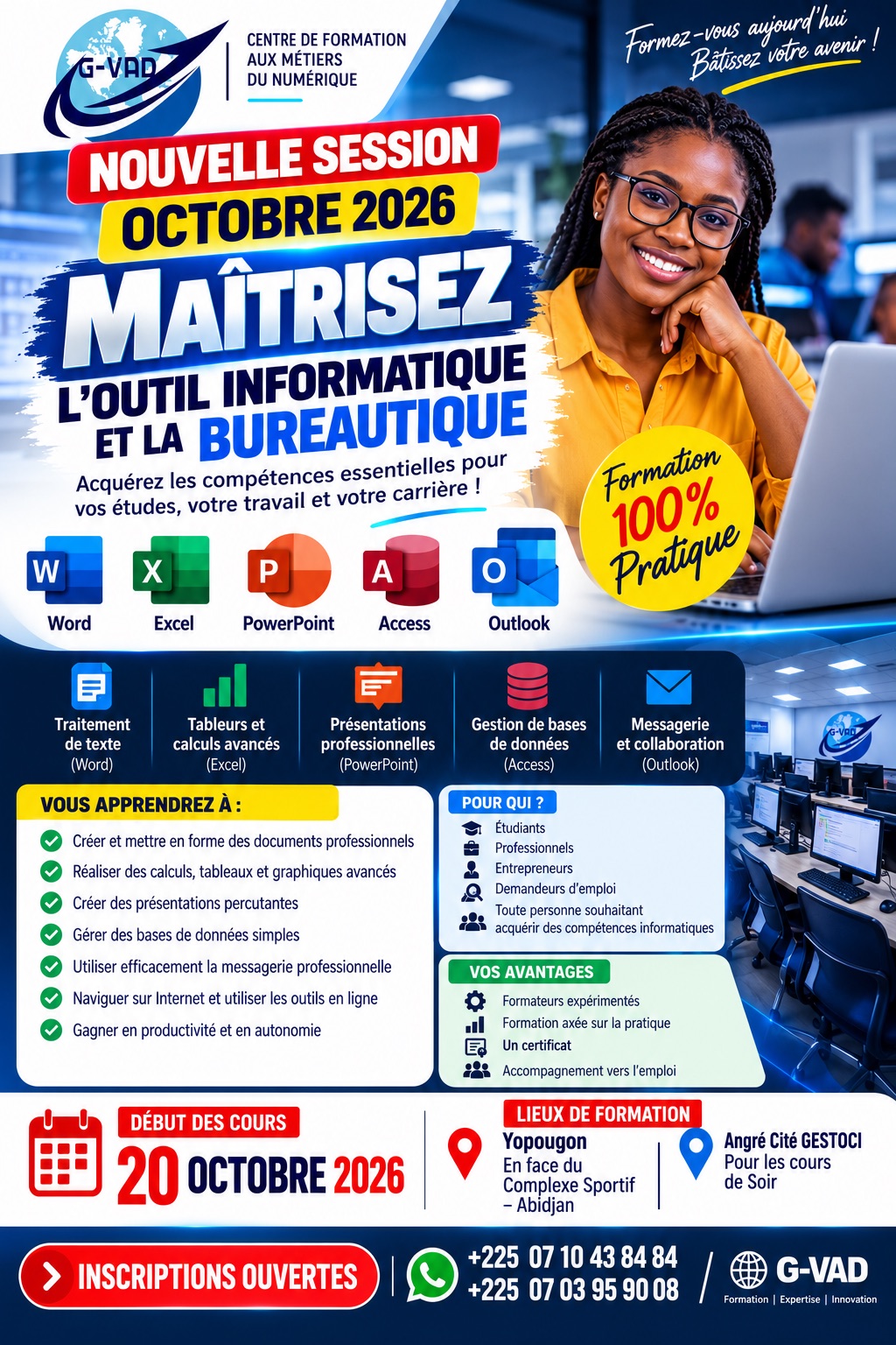 Flyer G-VAD Nouvelle Session Octobre 2026 — Maîtrisez l'outil informatique et la bureautique : Word, Excel, PowerPoint, Access, Outlook. Début le 20 Octobre 2026