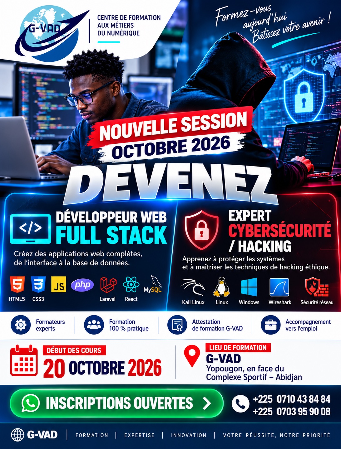Flyer G-VAD Nouvelle Session Octobre 2026 — Full Stack et Cybersécurité / Hacking, début le 20 Octobre 2026 à Yopougon